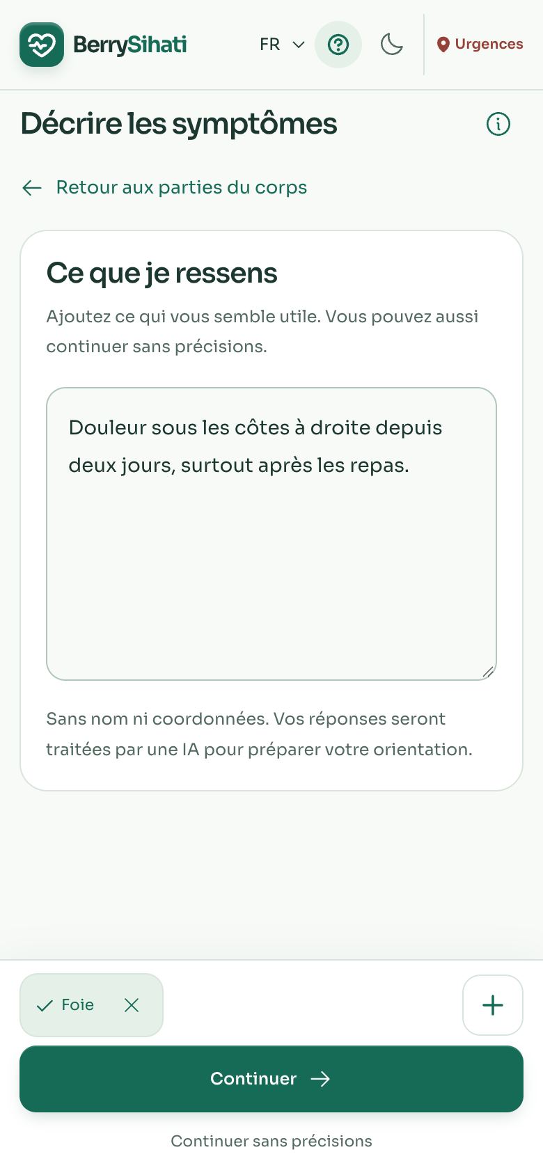 Description des symptômes en texte libre