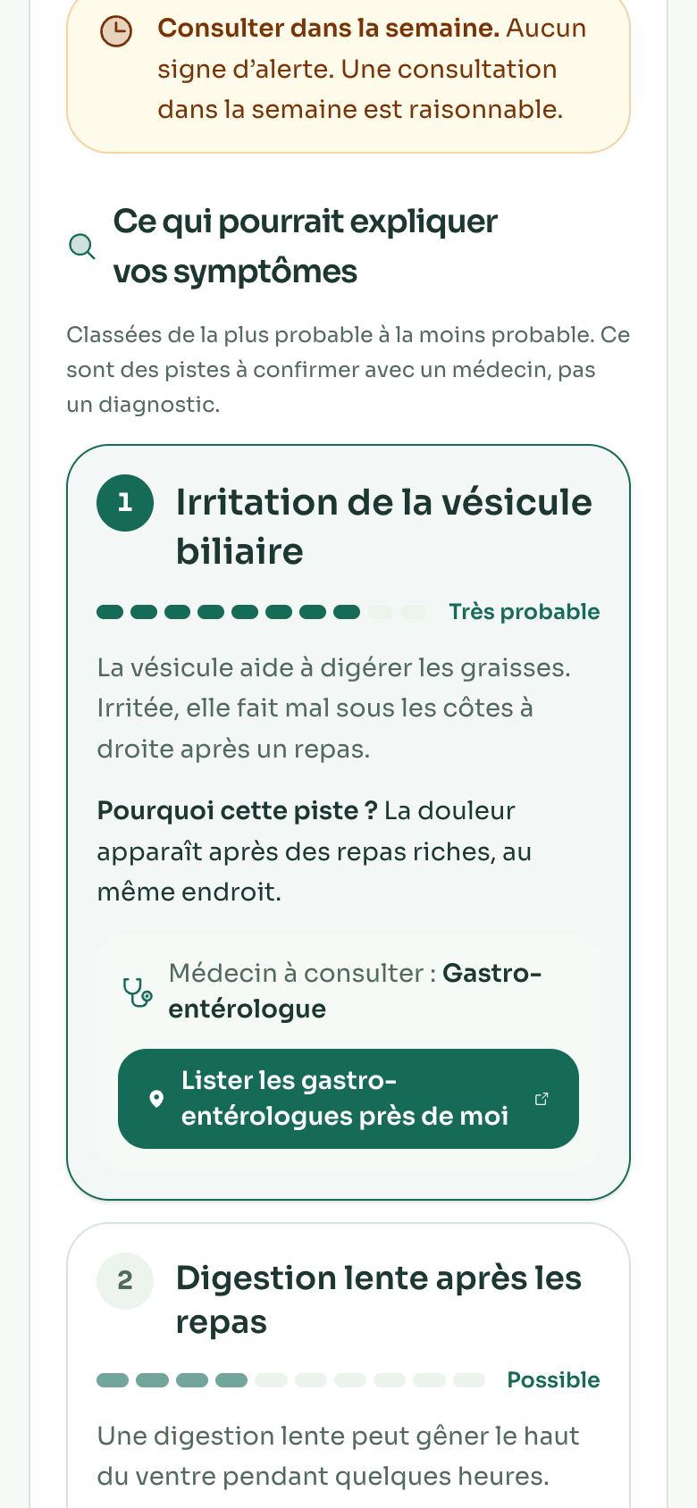Écran BerrySihati montrant les causes probables classées et le médecin à consulter