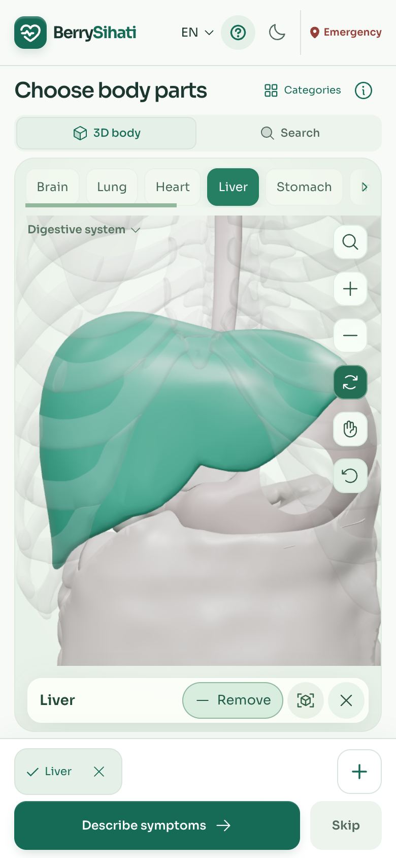 BerrySihati screen showing the liver selected on the 3D body model