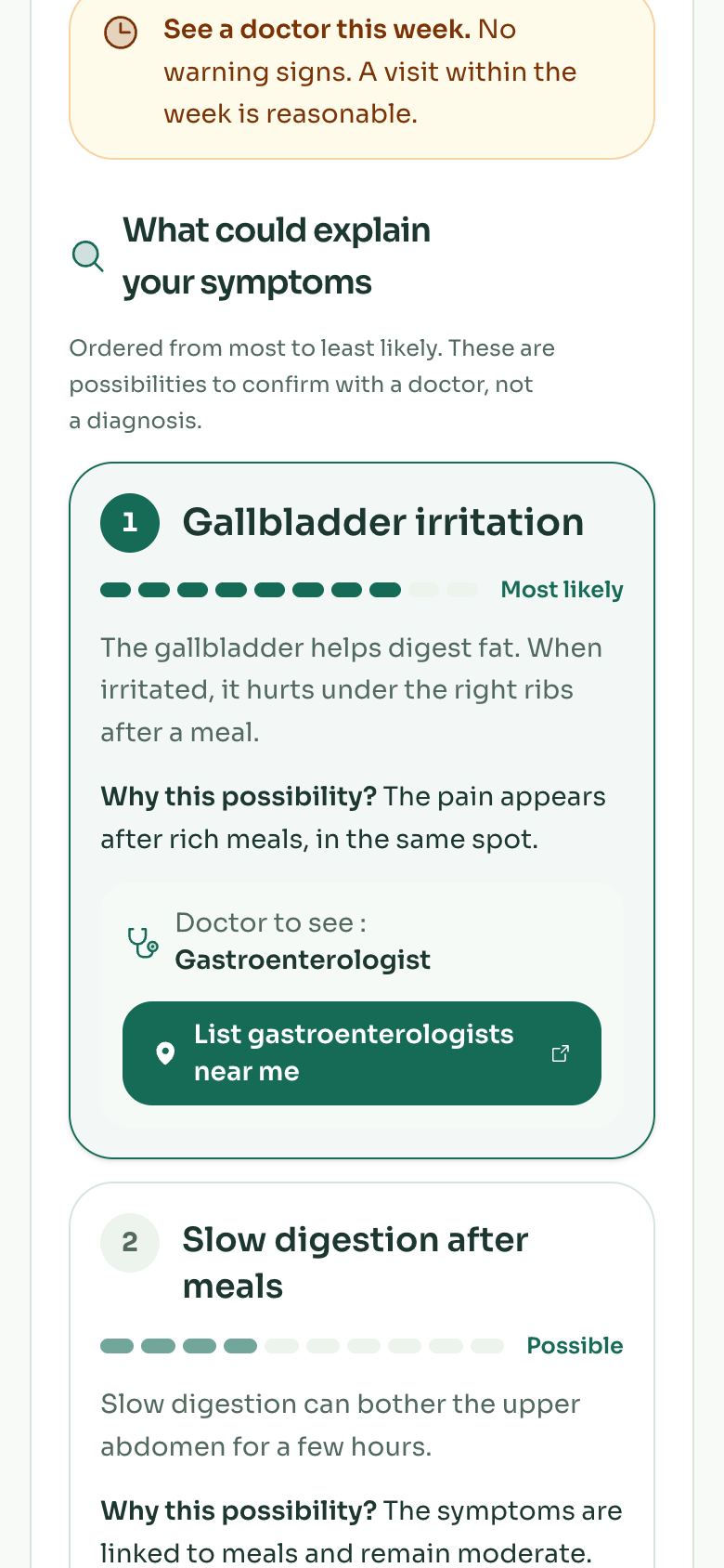 BerrySihati screen showing ranked likely causes and the doctor to see